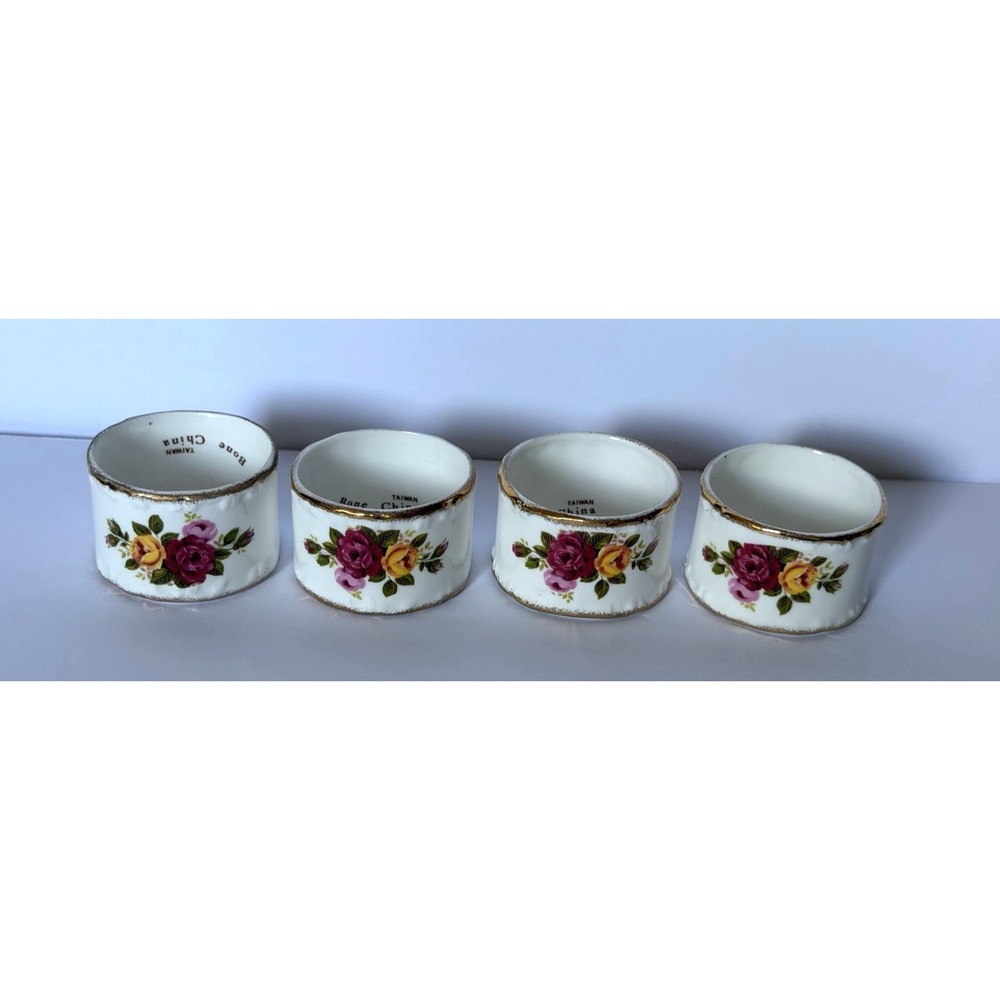 Vintage Bone China Napkin Rings Country Rose Cottage Floral Gold Trim Taiwan (4)